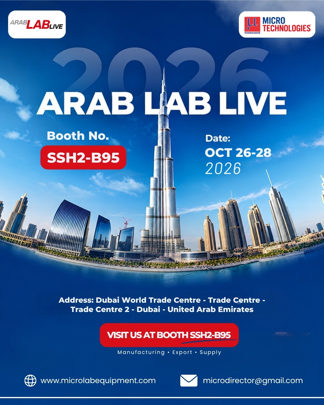 Visit Micro Technologies at Arab Lab Live 2026, booth SSH2-B95, October 26–28 in Dubai. Click to contact us.
