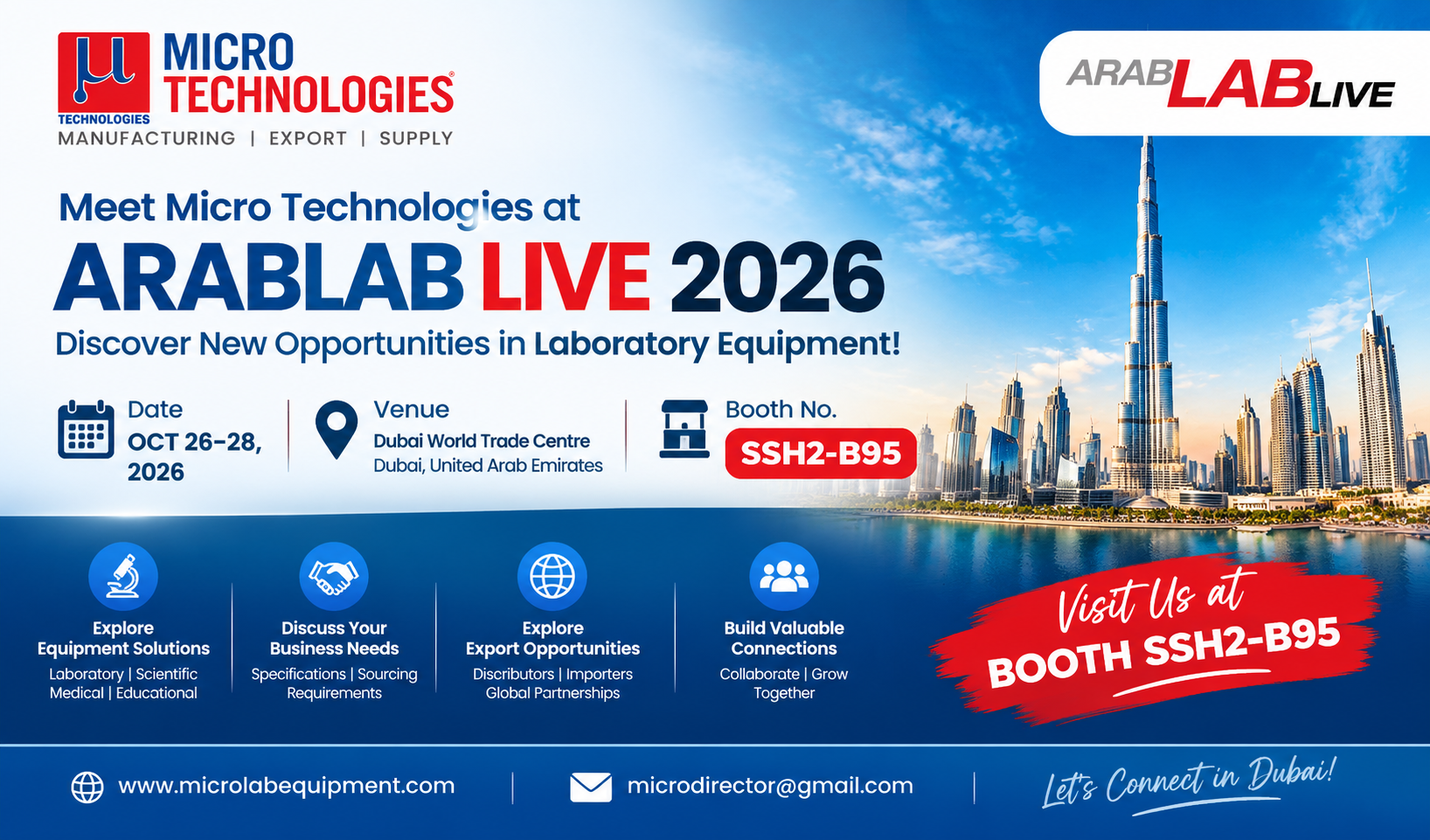 Micro Technologies at ARABLAB LIVE 2026, Dubai – Visit Booth SSH2-B95, October 26–28, 2026