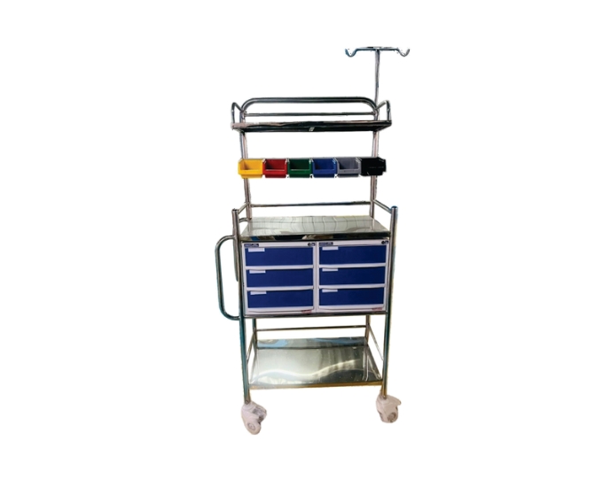 Hospital Crash Cart with Drawers, IV Rod, and Oxygen Cylinder Holder