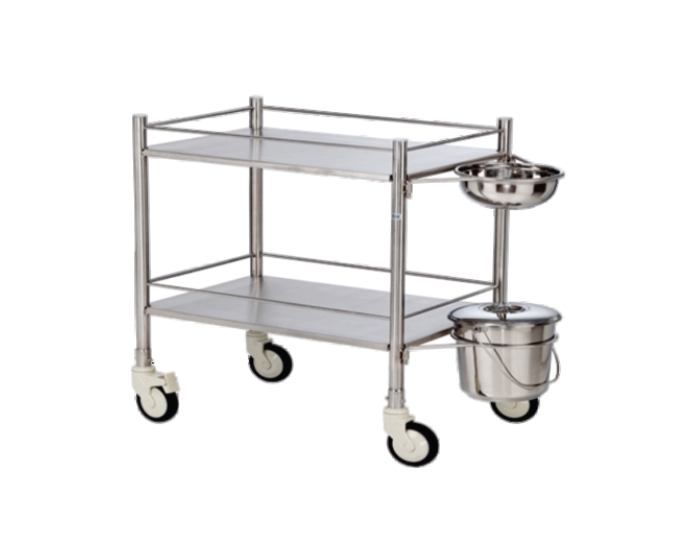 Hospital Dressing Trolley with Stainless Steel Shelves, Bowl, and Bucket