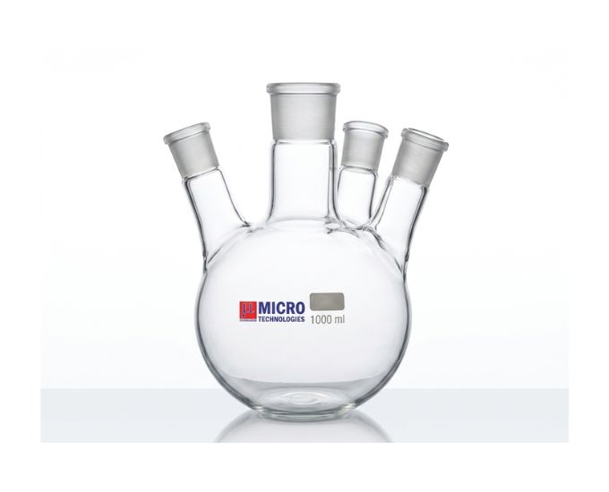 Four Neck Round Bottom Flask with Angled Joints for Advanced Laboratory Reaction Systems - Product Image